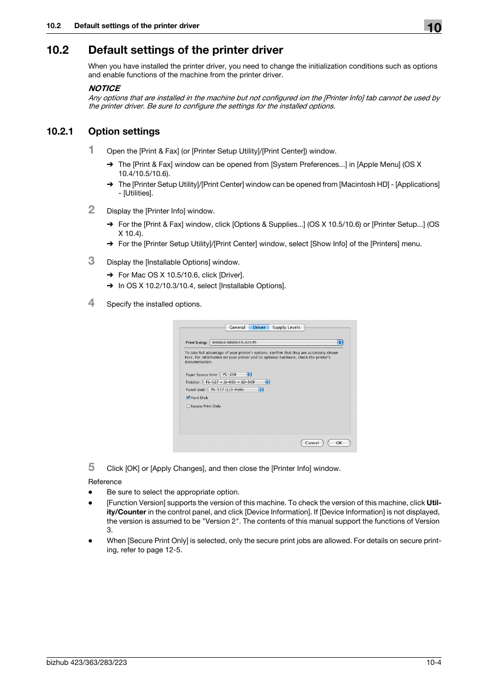 2 default settings of the printer driver, 1 option settings, Default settings of the printer driver -4 | Option settings -4 | Konica Minolta BIZHUB 223 User Manual | Page 121 / 294