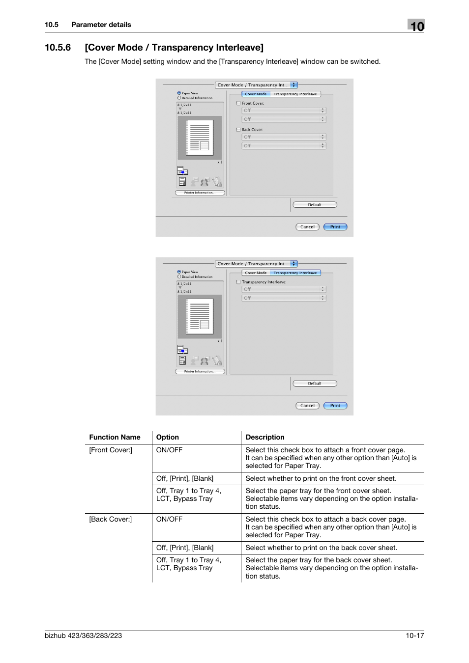 6 [cover mode / transparency interleave, Cover mode / transparency interleave] -17 | Konica Minolta BIZHUB 223 User Manual | Page 134 / 294