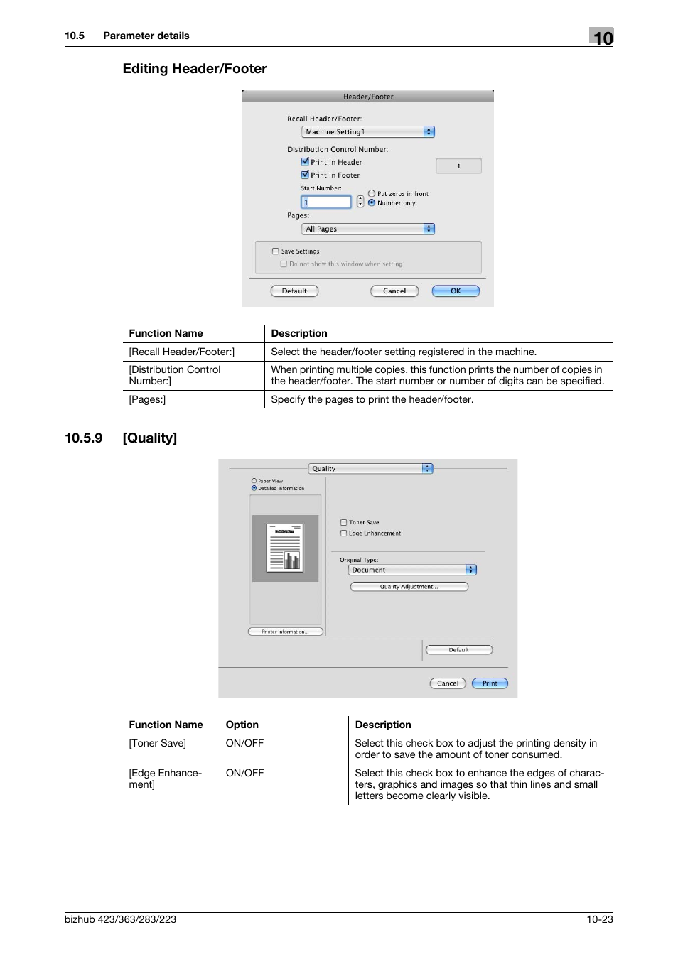 Editing header/footer, 9 [quality, Editing header/footer -23 | Quality] -23, Editing header/footer 10.5.9 [quality | Konica Minolta BIZHUB 223 User Manual | Page 140 / 294