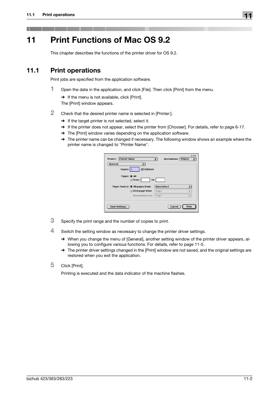 11 print functions of mac os 9.2, 1 print operations, Print functions of mac os 9.2 | Print operations -2 | Konica Minolta BIZHUB 223 User Manual | Page 143 / 294