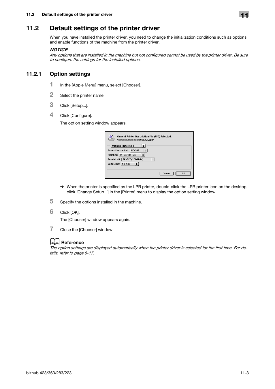 2 default settings of the printer driver, 1 option settings, Default settings of the printer driver -3 | Option settings -3 | Konica Minolta BIZHUB 223 User Manual | Page 144 / 294