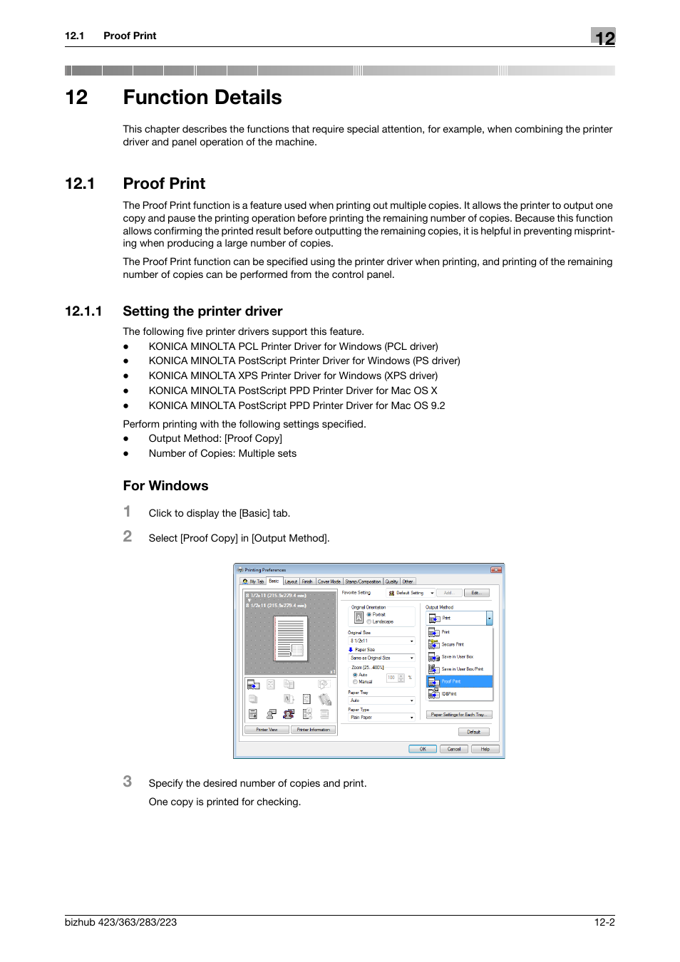 12 function details, 1 proof print, 1 setting the printer driver | For windows, Function details, Proof print -2, Setting the printer driver -2 for windows -2 | Konica Minolta BIZHUB 223 User Manual | Page 151 / 294