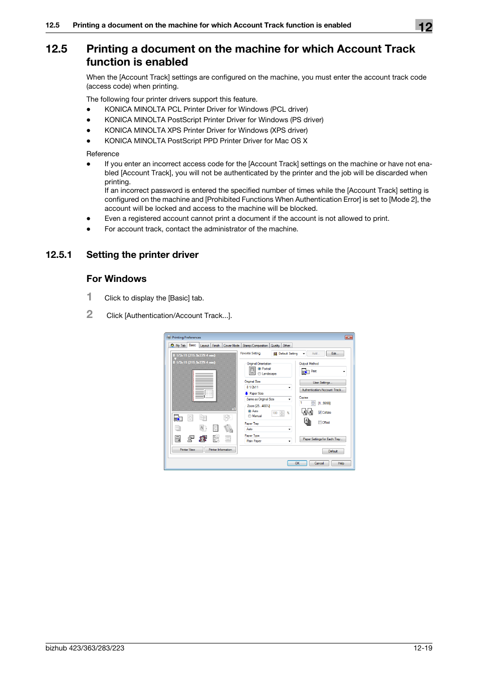 1 setting the printer driver, For windows, Setting the printer driver -19 for windows -19 | Konica Minolta BIZHUB 223 User Manual | Page 168 / 294