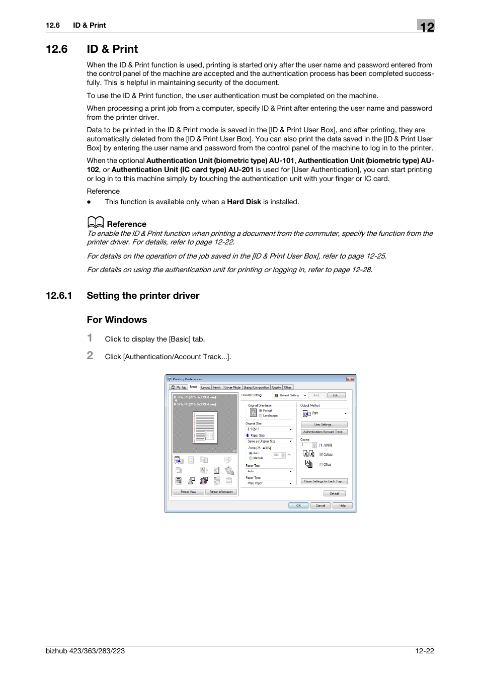 6 id & print, 1 setting the printer driver, For windows | Id & print -22, Setting the printer driver -22 for windows -22 | Konica Minolta BIZHUB 223 User Manual | Page 171 / 294
