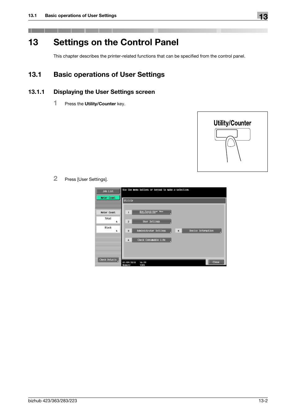 13 settings on the control panel, 1 basic operations of user settings, 1 displaying the user settings screen | Settings on the control panel, Basic operations of user settings -2, Displaying the user settings screen -2 | Konica Minolta BIZHUB 223 User Manual | Page 186 / 294