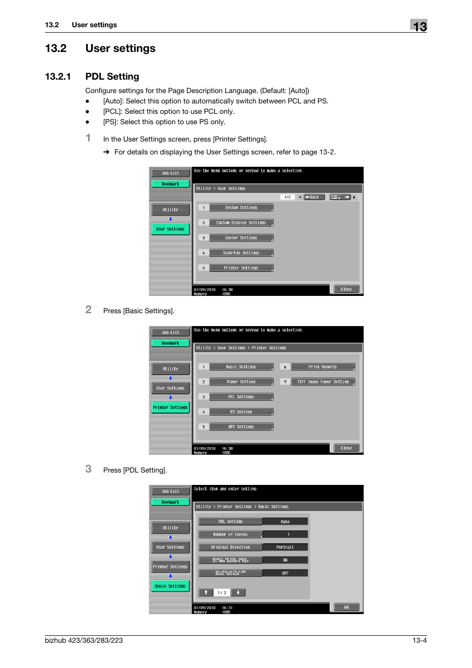 2 user settings, 1 pdl setting, User settings -4 | Pdl setting -4 | Konica Minolta BIZHUB 223 User Manual | Page 188 / 294