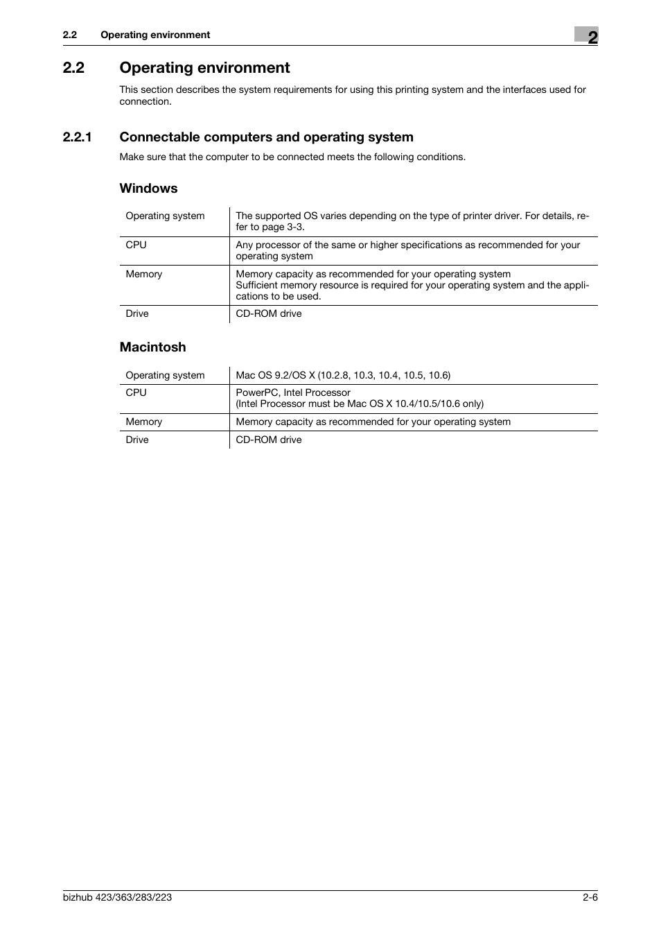 2 operating environment, 1 connectable computers and operating system, Windows | Macintosh, Operating environment -6 | Konica Minolta BIZHUB 223 User Manual | Page 19 / 294