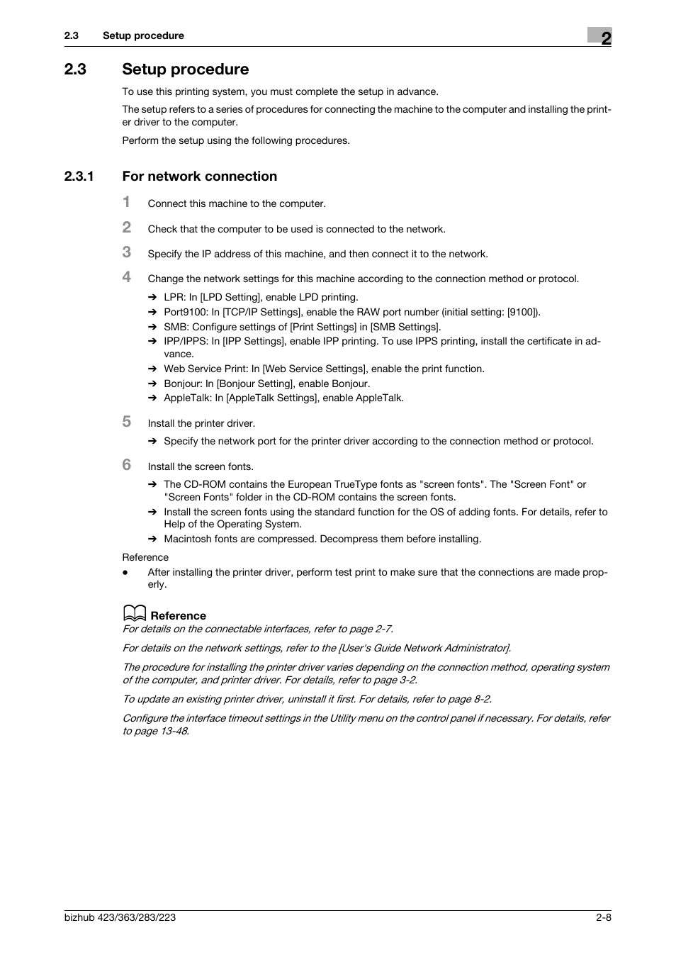 3 setup procedure, 1 for network connection, Setup procedure -8 | For network connection -8 | Konica Minolta BIZHUB 223 User Manual | Page 21 / 294