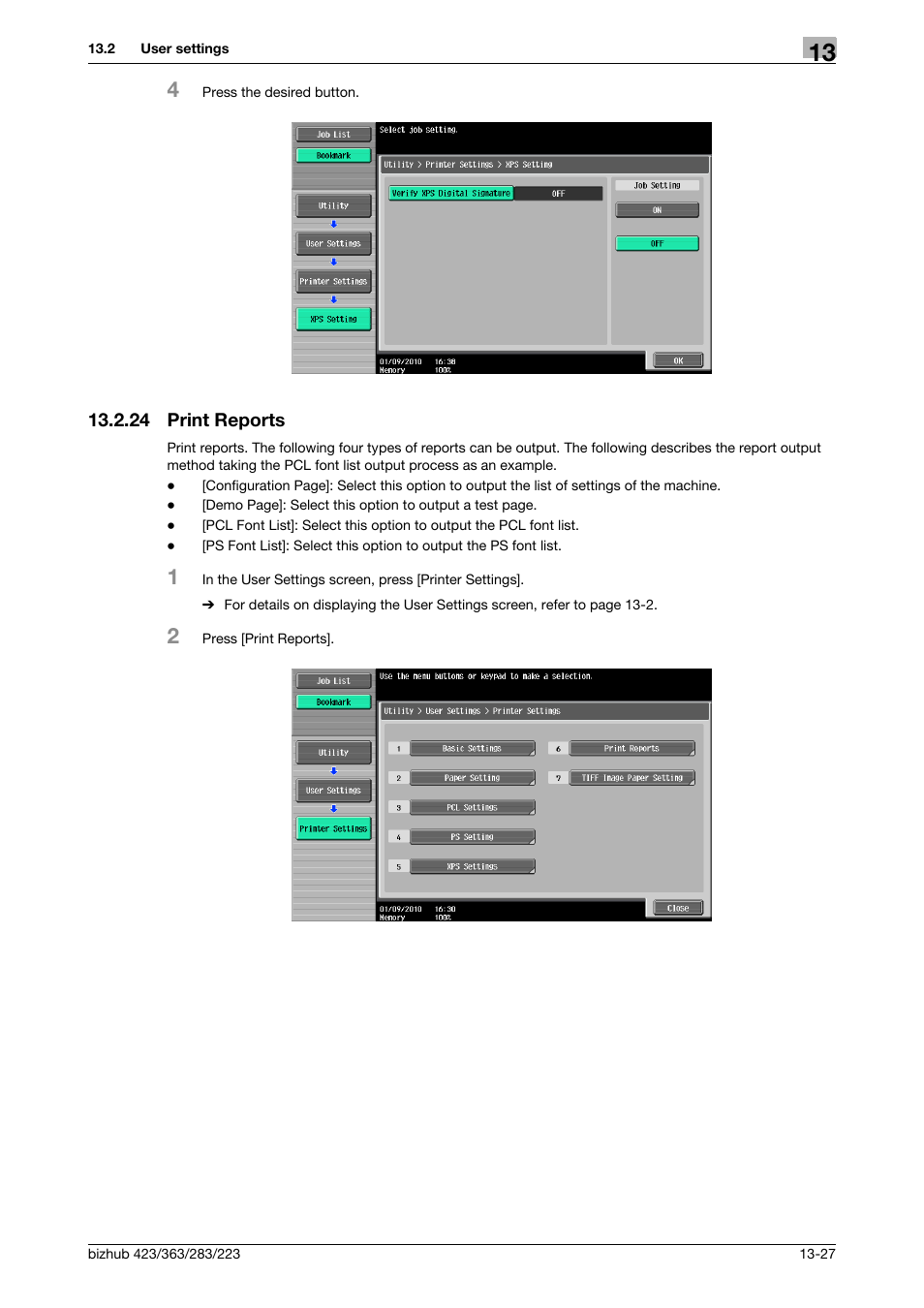 24 print reports, Print reports -27 | Konica Minolta BIZHUB 223 User Manual | Page 211 / 294