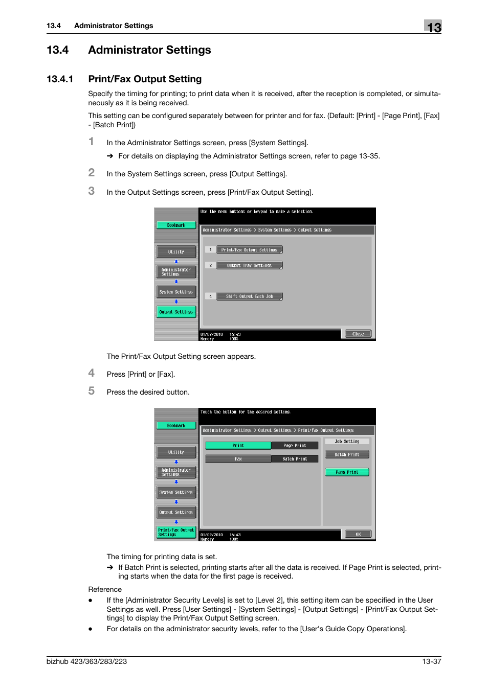 4 administrator settings, 1 print/fax output setting, Administrator settings -37 | Print/fax output setting -37 | Konica Minolta BIZHUB 223 User Manual | Page 221 / 294