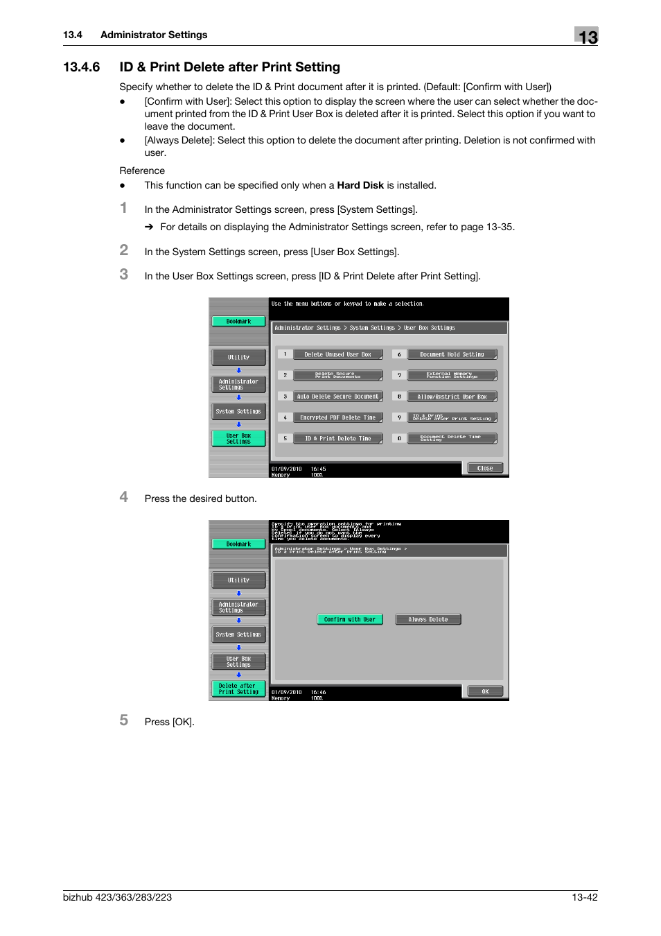 6 id & print delete after print setting, Id & print delete after print setting -42 | Konica Minolta BIZHUB 223 User Manual | Page 226 / 294