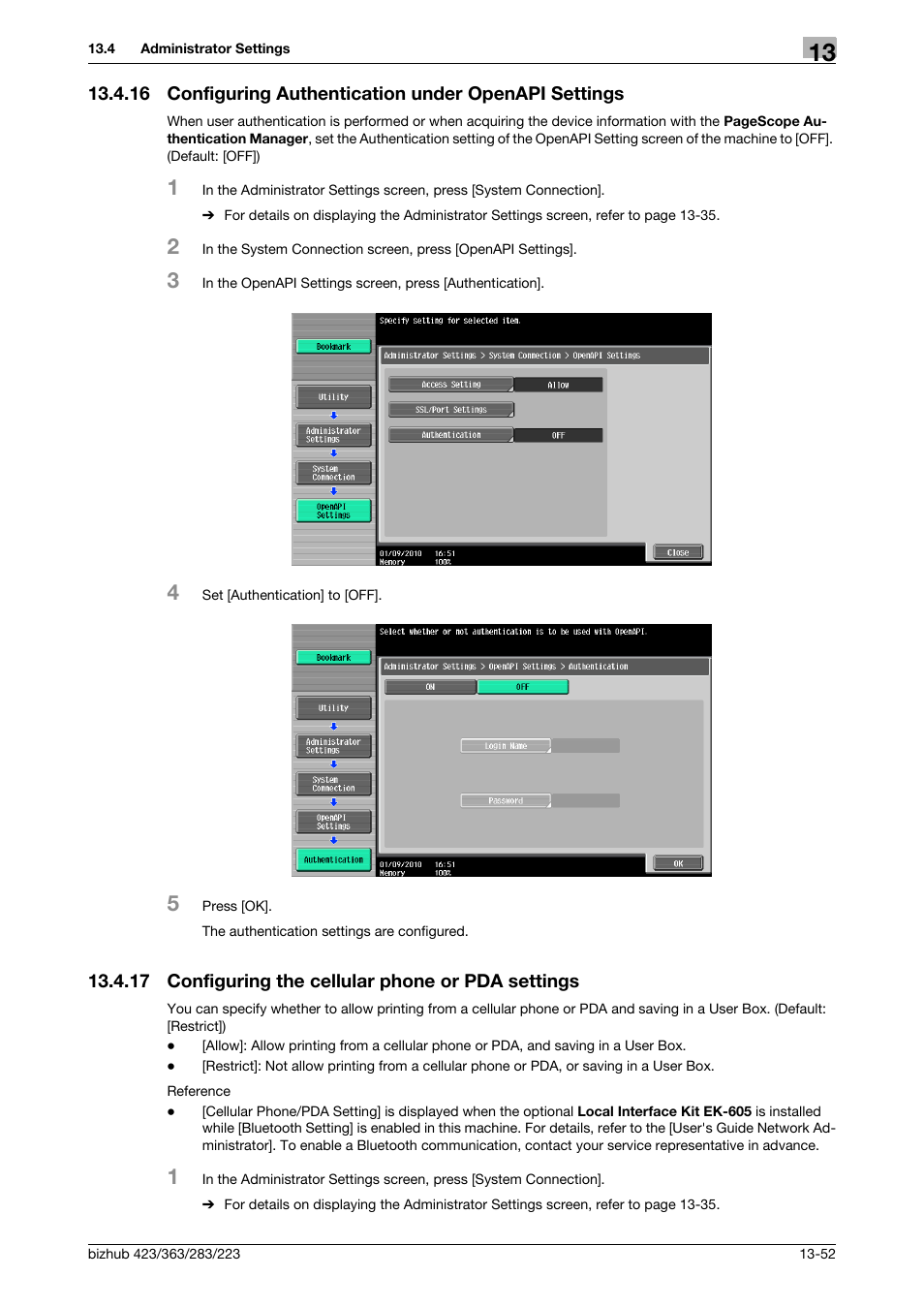 17 configuring the cellular phone or pda settings, Configuring the cellular phone or pda settings -52 | Konica Minolta BIZHUB 223 User Manual | Page 236 / 294