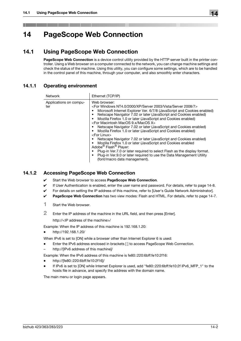 1 operating environment, Operating environment -2, 14 pagescope web connection | 1 using pagescope web connection | Konica Minolta BIZHUB 223 User Manual | Page 241 / 294