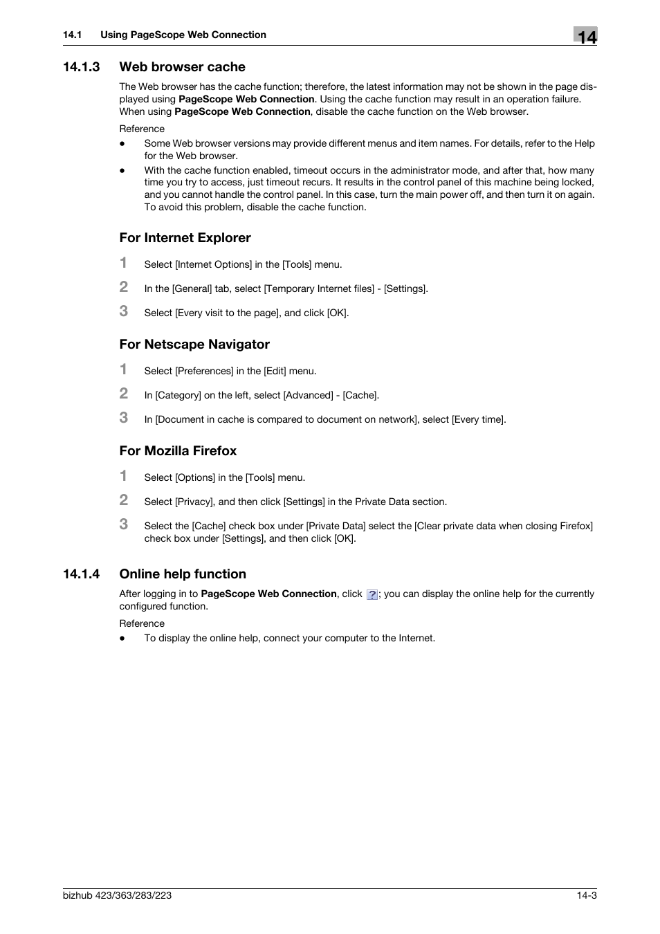 3 web browser cache, For internet explorer, For netscape navigator | For mozilla firefox, 4 online help function, Online help function -3 | Konica Minolta BIZHUB 223 User Manual | Page 242 / 294