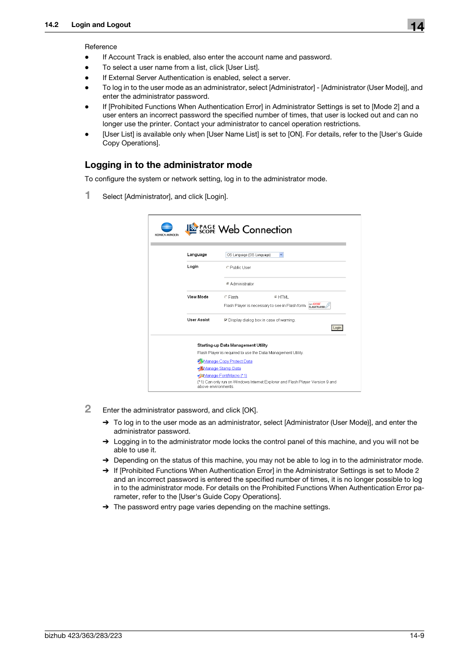 Logging in to the administrator mode, Logging in to the administrator mode -9 | Konica Minolta BIZHUB 223 User Manual | Page 248 / 294