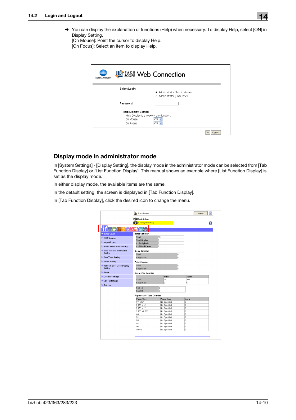 Display mode in administrator mode, Display mode in administrator mode -10 | Konica Minolta BIZHUB 223 User Manual | Page 249 / 294