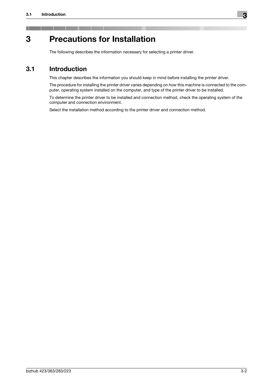 3 precautions for installation, 1 introduction, Precautions for installation | Introduction -2, 3precautions for installation | Konica Minolta BIZHUB 223 User Manual | Page 25 / 294