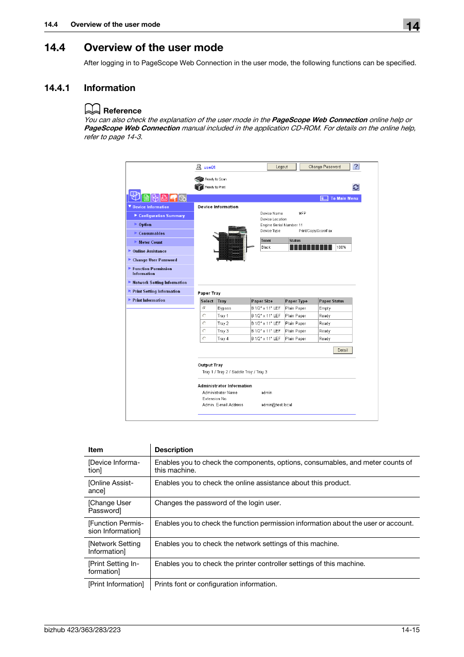 4 overview of the user mode, 1 information, Overview of the user mode -15 | Information -15 | Konica Minolta BIZHUB 223 User Manual | Page 254 / 294