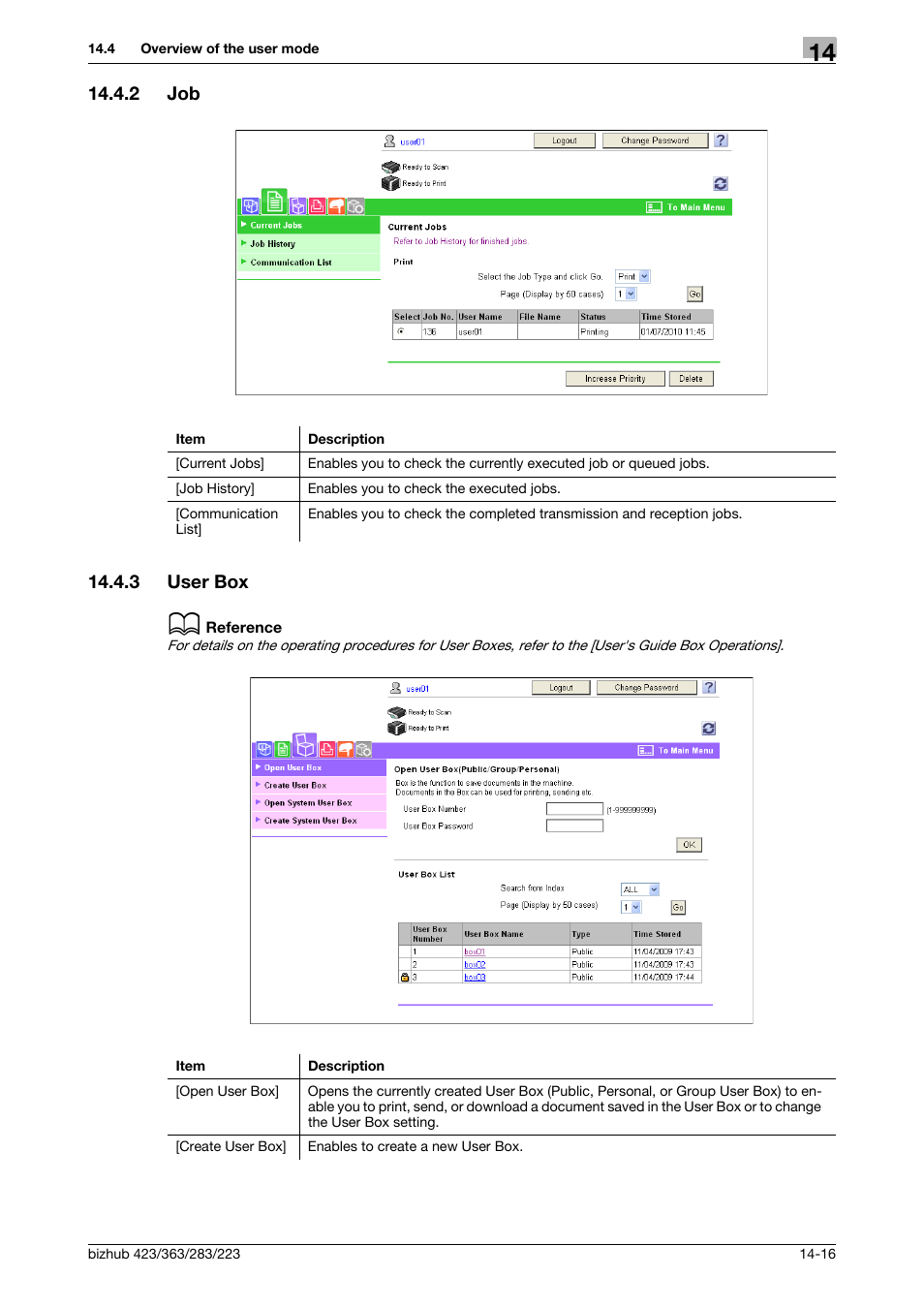 2 job, 3 user box, Job -16 | User box -16 | Konica Minolta BIZHUB 223 User Manual | Page 255 / 294