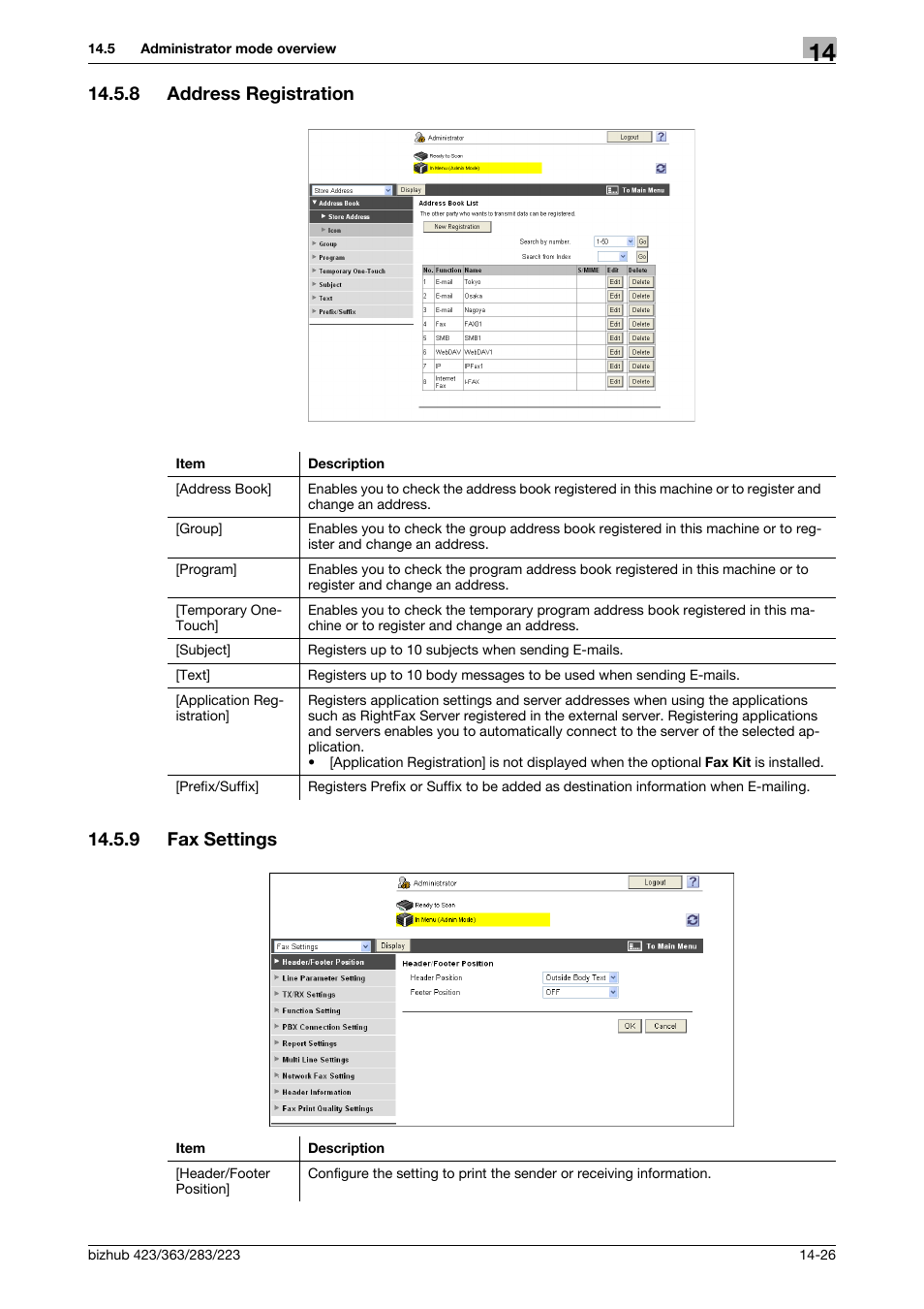 8 address registration, 9 fax settings, Address registration -26 | Fax settings -26 | Konica Minolta BIZHUB 223 User Manual | Page 265 / 294