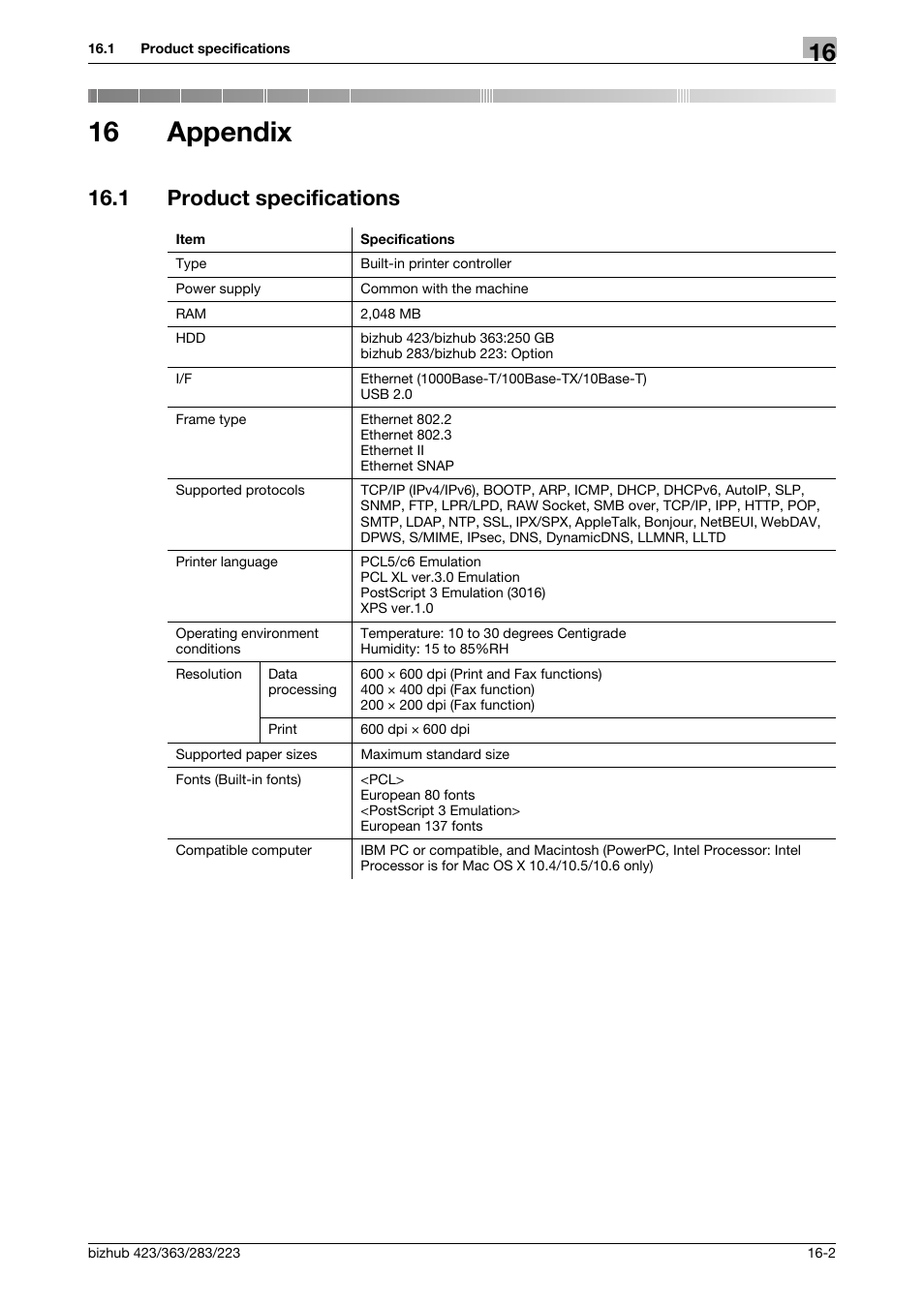 16 appendix, 1 product specifications, Appendix | Product specifications -2 | Konica Minolta BIZHUB 223 User Manual | Page 273 / 294