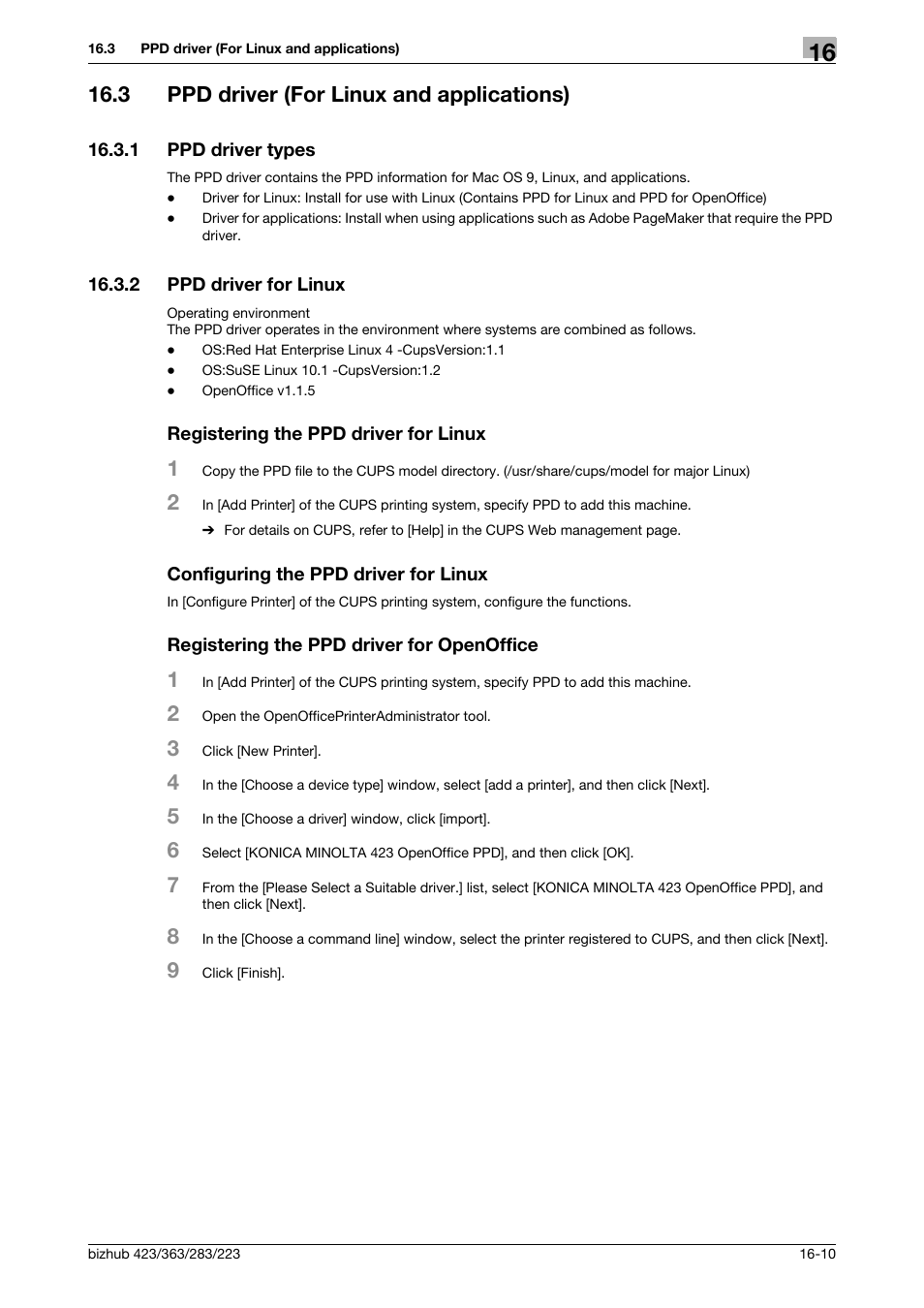 3 ppd driver (for linux and applications), 1 ppd driver types, 2 ppd driver for linux | Registering the ppd driver for linux, Configuring the ppd driver for linux, Registering the ppd driver for openoffice, Ppd driver (for linux and applications) -10, Ppd driver types -10 | Konica Minolta BIZHUB 223 User Manual | Page 281 / 294