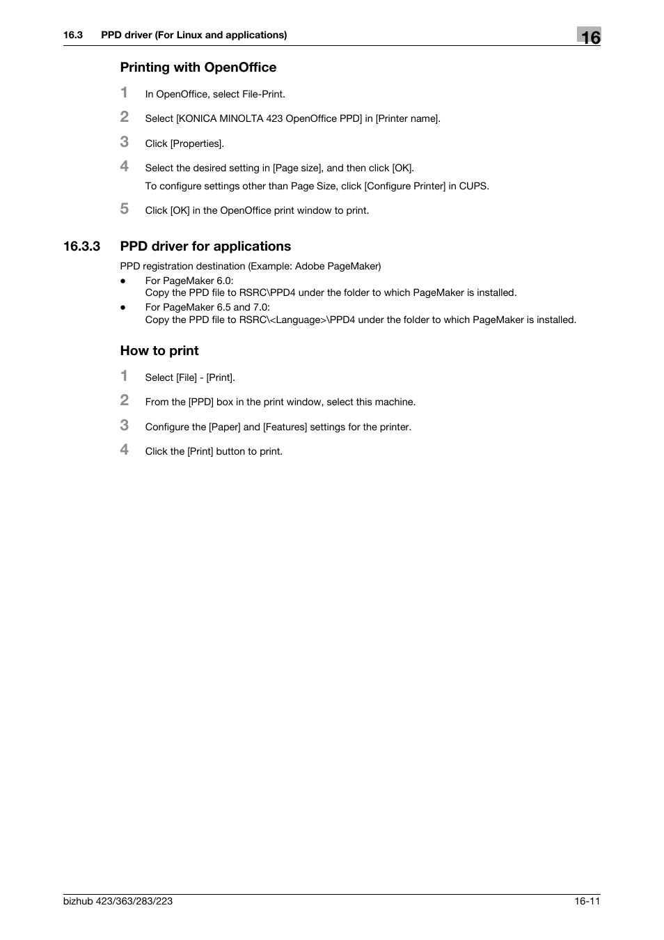 Printing with openoffice, 3 ppd driver for applications, How to print | Printing with openoffice -11, Ppd driver for applications -11 how to print -11 | Konica Minolta BIZHUB 223 User Manual | Page 282 / 294