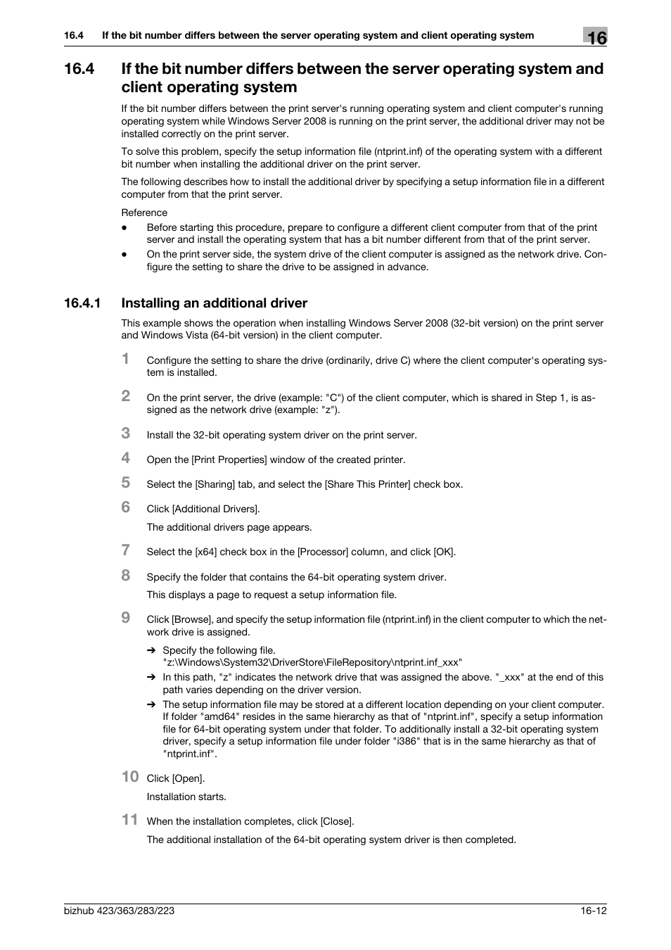 1 installing an additional driver, Client operating system -12, Installing an additional driver -12 | Konica Minolta BIZHUB 223 User Manual | Page 283 / 294