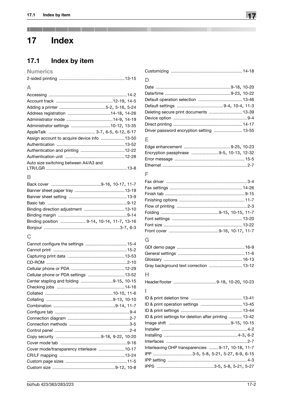 17 index, 1 index by item, Index | Index by item -2 | Konica Minolta BIZHUB 223 User Manual | Page 289 / 294