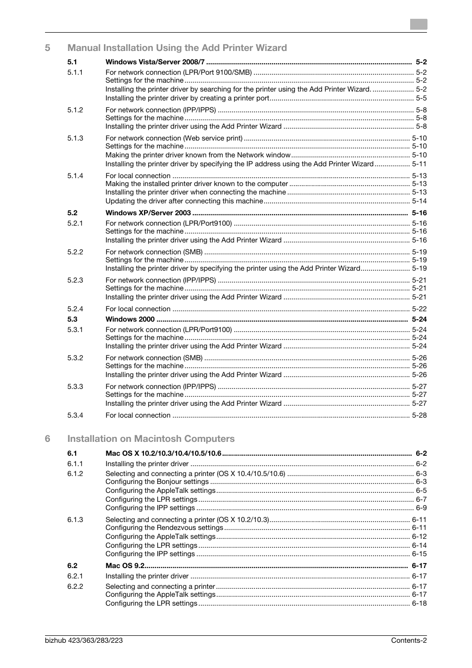 5manual installation using the add printer wizard, 6installation on macintosh computers | Konica Minolta BIZHUB 223 User Manual | Page 3 / 294