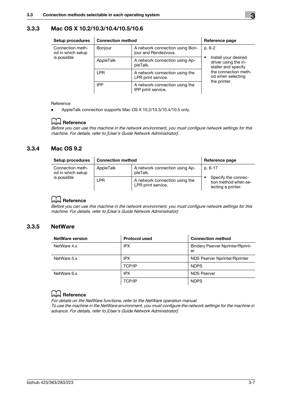 3 mac os x 10.2/10.3/10.4/10.5/10.6, 4 mac os 9.2, 5 netware | Mac os x 10.2/10.3/10.4/10.5/10.6 -7, Mac os 9.2 -7, Netware -7 | Konica Minolta BIZHUB 223 User Manual | Page 30 / 294