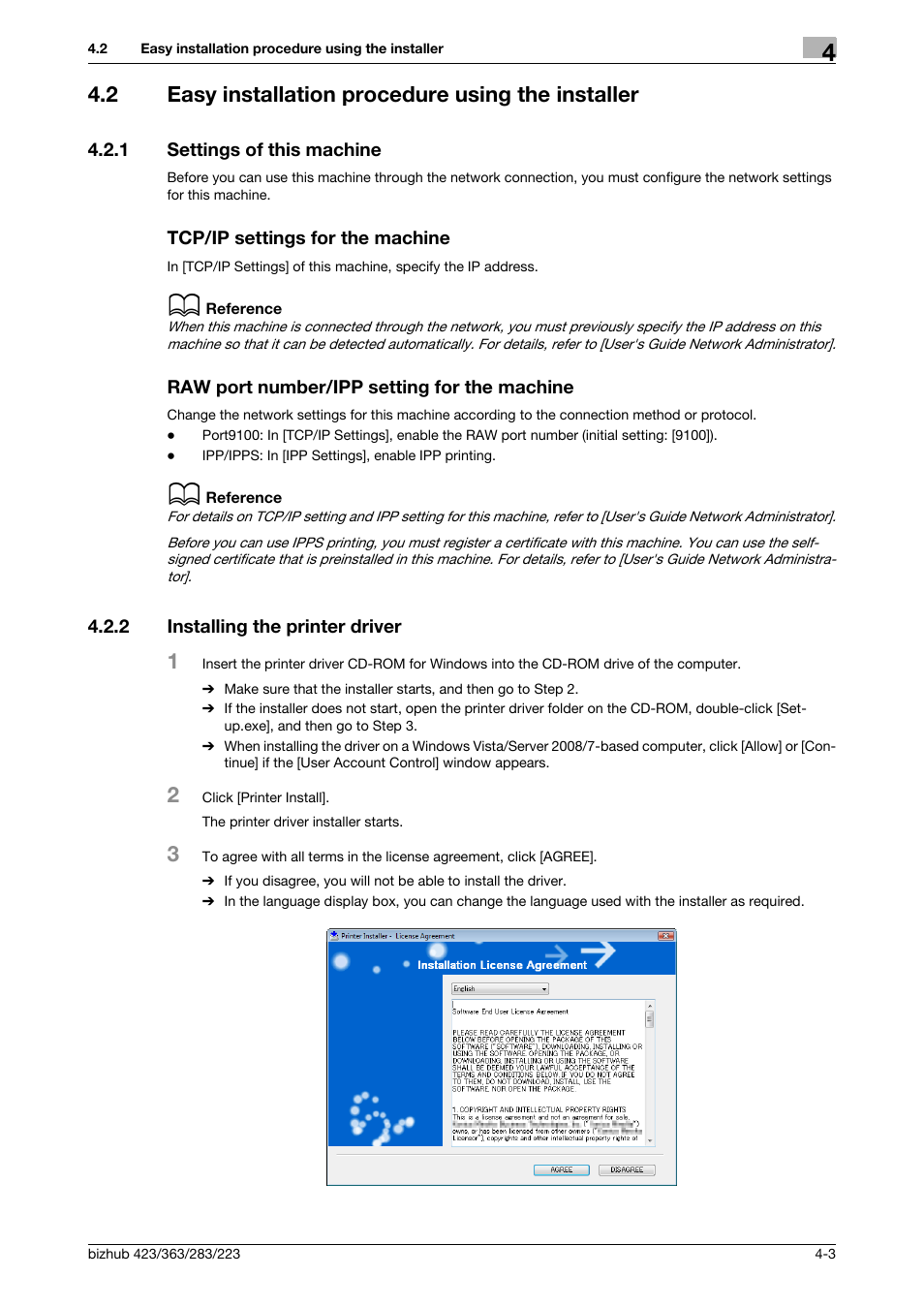 2 easy installation procedure using the installer, 1 settings of this machine, Tcp/ip settings for the machine | Raw port number/ipp setting for the machine, 2 installing the printer driver, Easy installation procedure using the installer -3, Installing the printer driver -3 | Konica Minolta BIZHUB 223 User Manual | Page 33 / 294