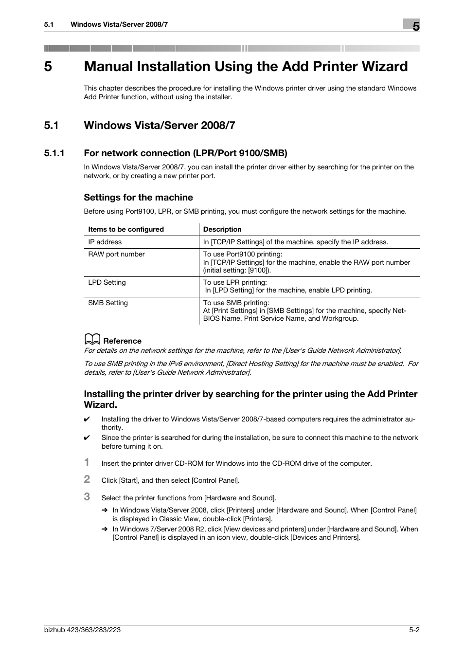 5 manual installation using the add printer wizard, 1 windows vista/server 2008/7, 1 for network connection (lpr/port 9100/smb) | Settings for the machine, Manual installation using the add printer wizard, Windows vista/server 2008/7 -2, P. 5-2, 5manual installation using the add printer wizard | Konica Minolta BIZHUB 223 User Manual | Page 38 / 294