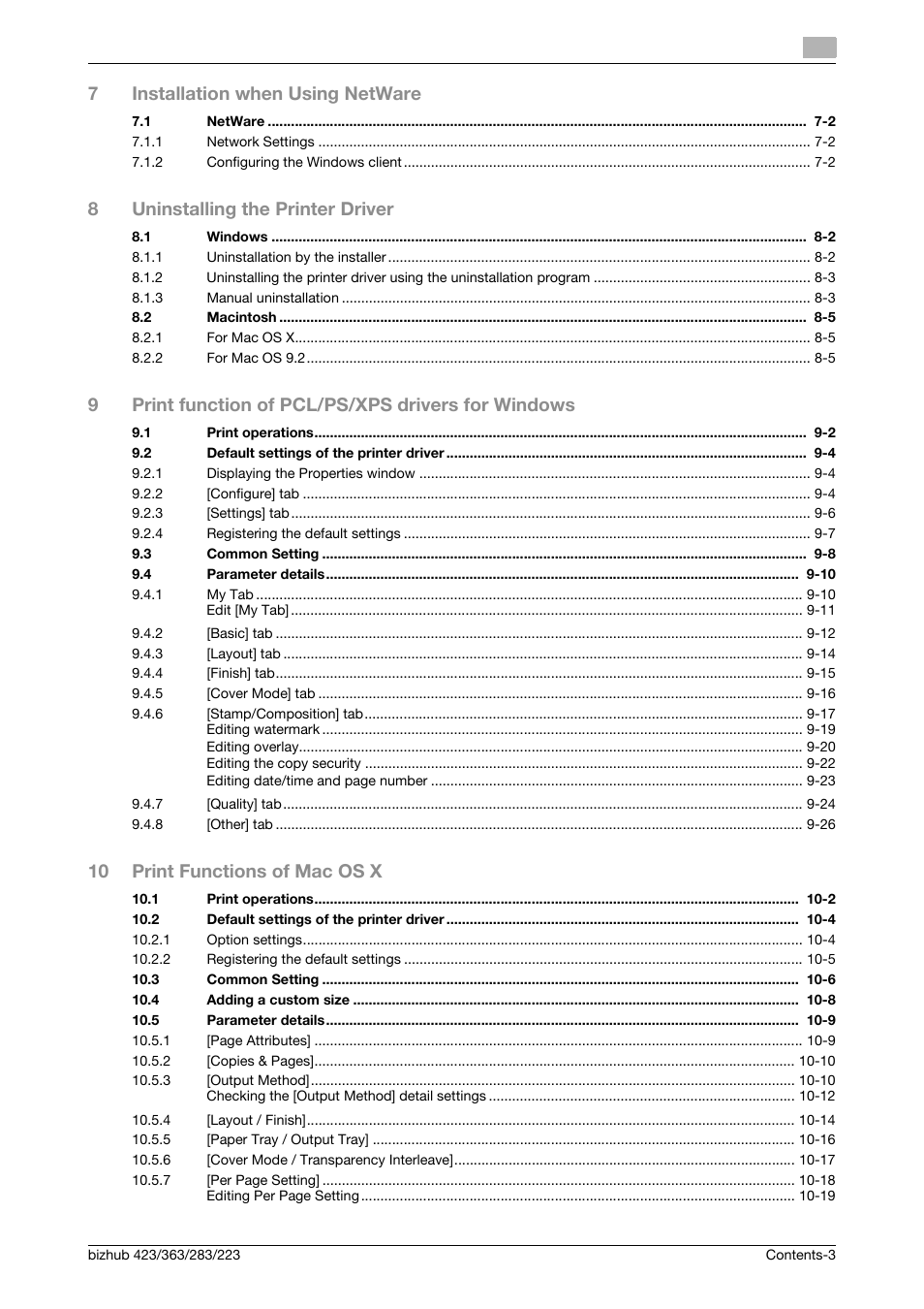 7installation when using netware, 8uninstalling the printer driver, 9print function of pcl/ps/xps drivers for windows | 10 print functions of mac os x | Konica Minolta BIZHUB 223 User Manual | Page 4 / 294