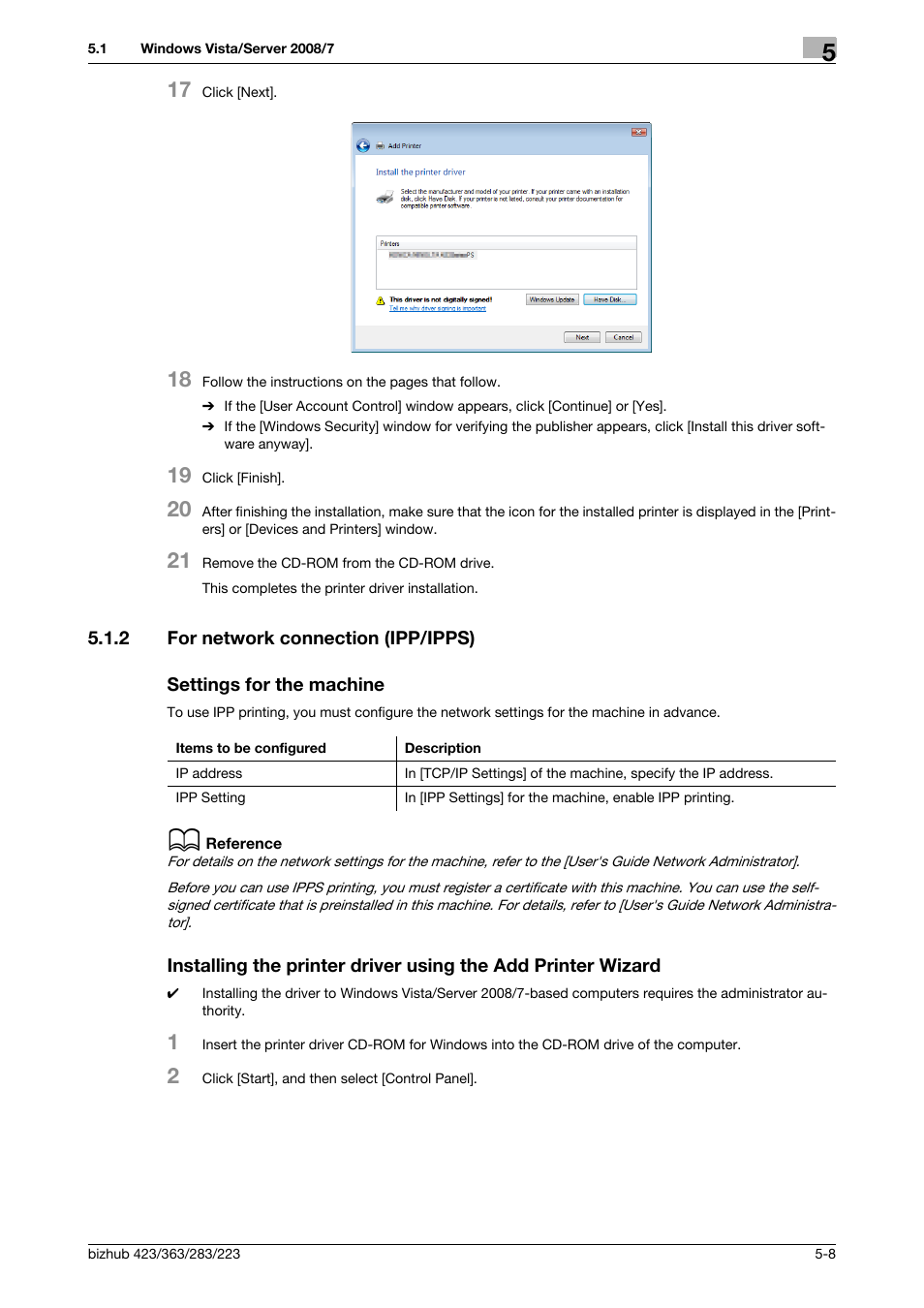 2 for network connection (ipp/ipps), Settings for the machine | Konica Minolta BIZHUB 223 User Manual | Page 44 / 294