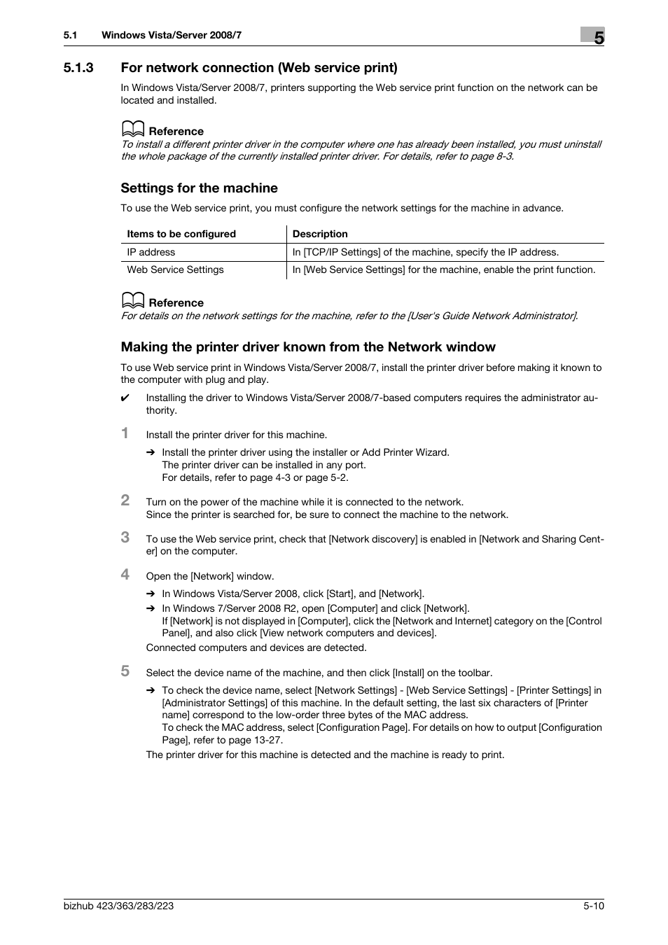 3 for network connection (web service print), Settings for the machine | Konica Minolta BIZHUB 223 User Manual | Page 46 / 294