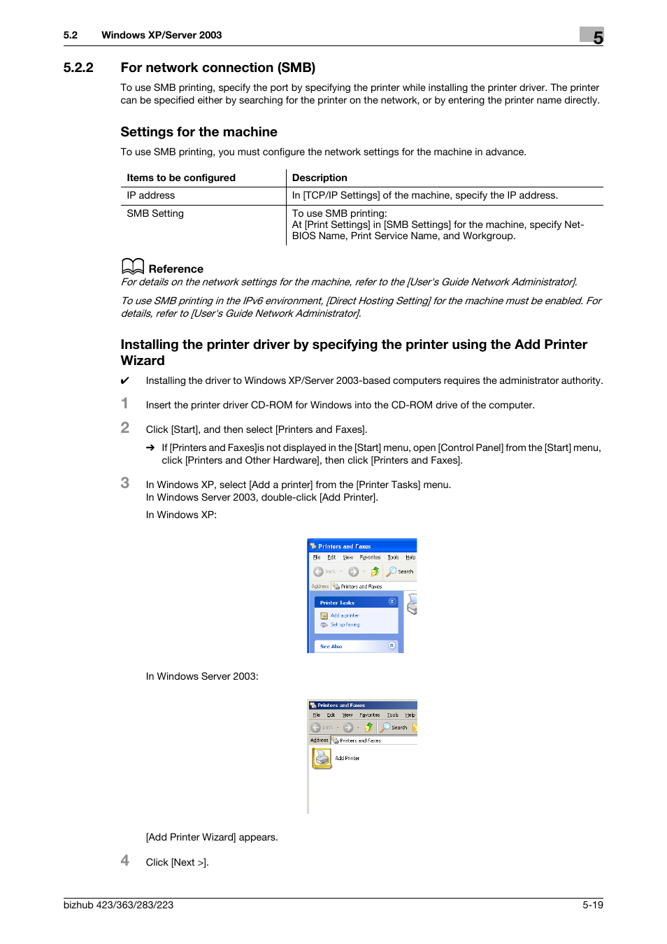 2 for network connection (smb), Settings for the machine | Konica Minolta BIZHUB 223 User Manual | Page 55 / 294