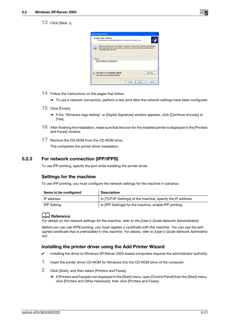 3 for network connection (ipp/ipps), Settings for the machine | Konica Minolta BIZHUB 223 User Manual | Page 57 / 294