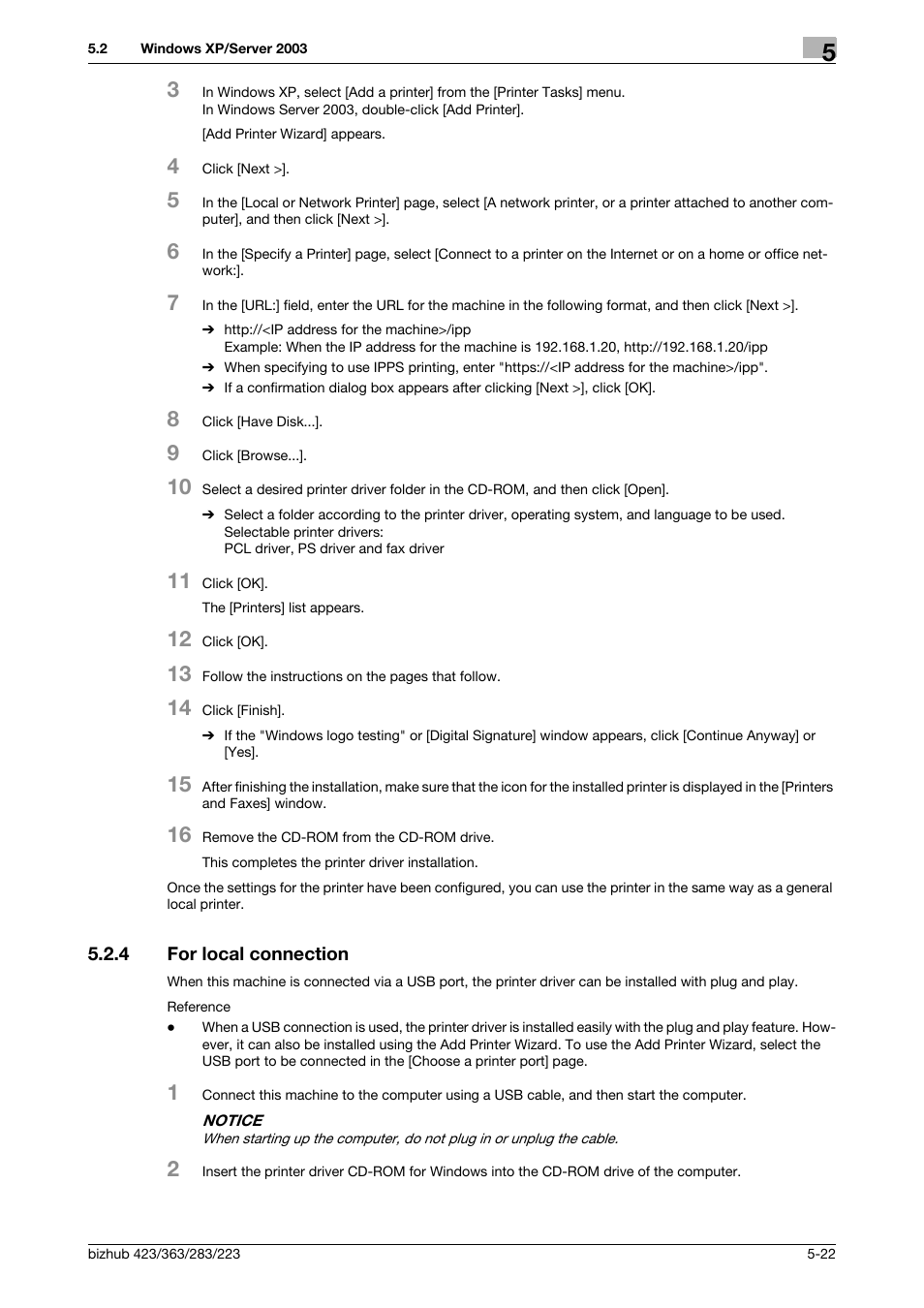 4 for local connection, For local connection -22, P. 5-22 | Konica Minolta BIZHUB 223 User Manual | Page 58 / 294