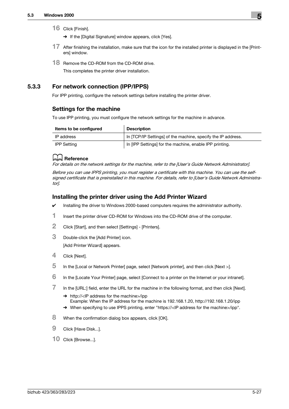 3 for network connection (ipp/ipps), Settings for the machine | Konica Minolta BIZHUB 223 User Manual | Page 63 / 294