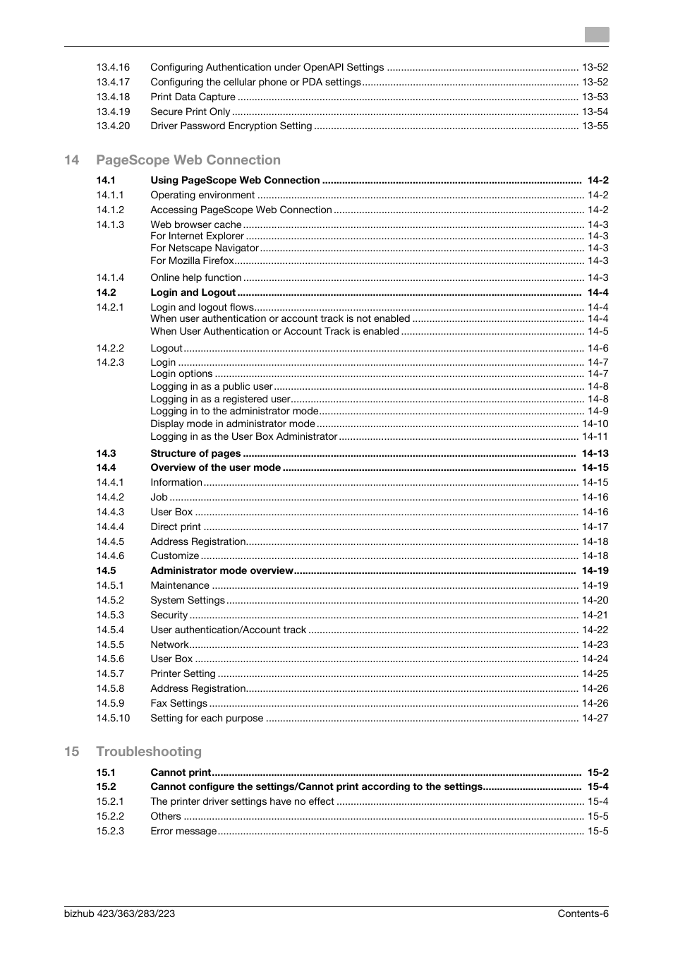 14 pagescope web connection, 15 troubleshooting | Konica Minolta BIZHUB 223 User Manual | Page 7 / 294