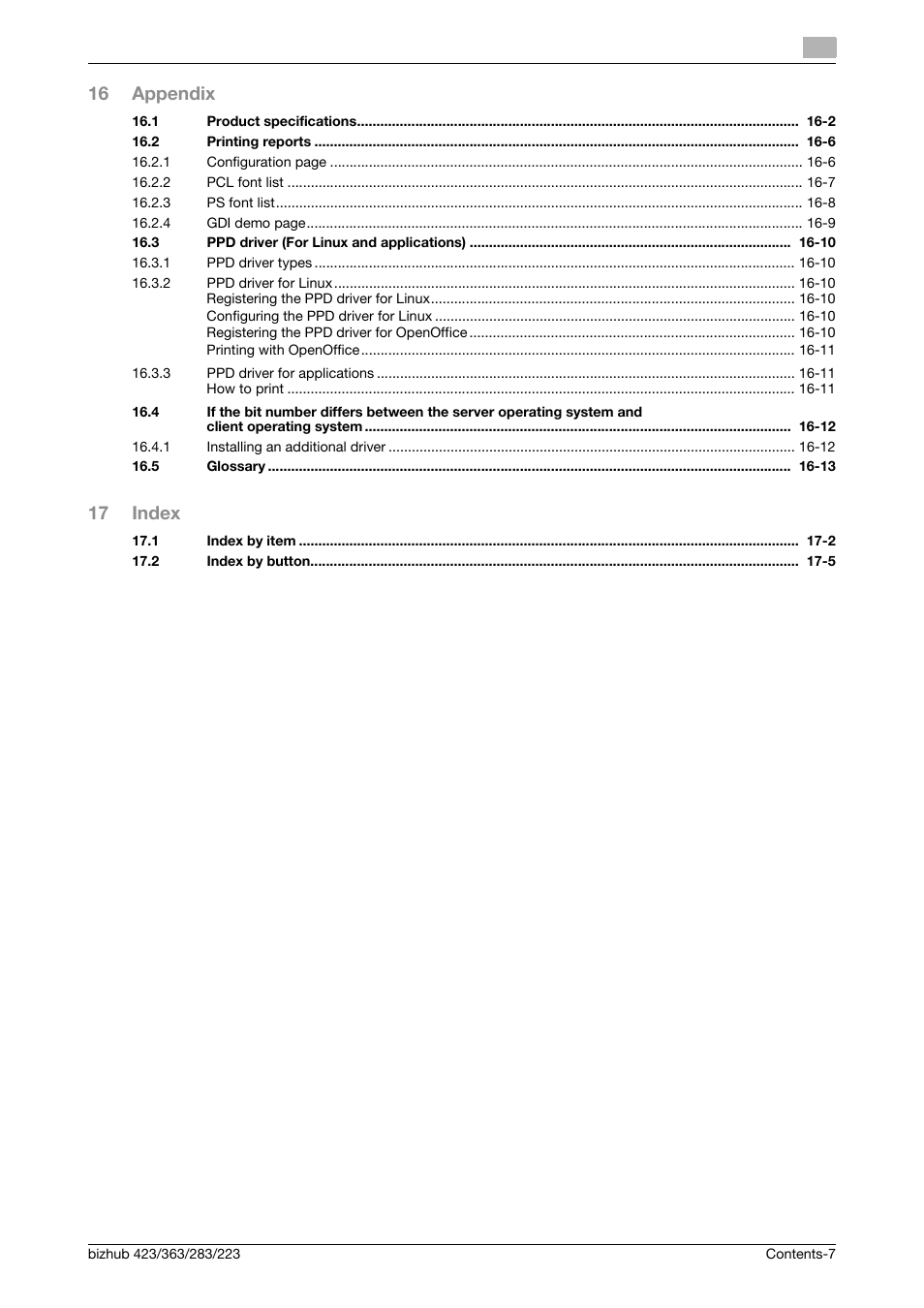 16 appendix, 17 index | Konica Minolta BIZHUB 223 User Manual | Page 8 / 294