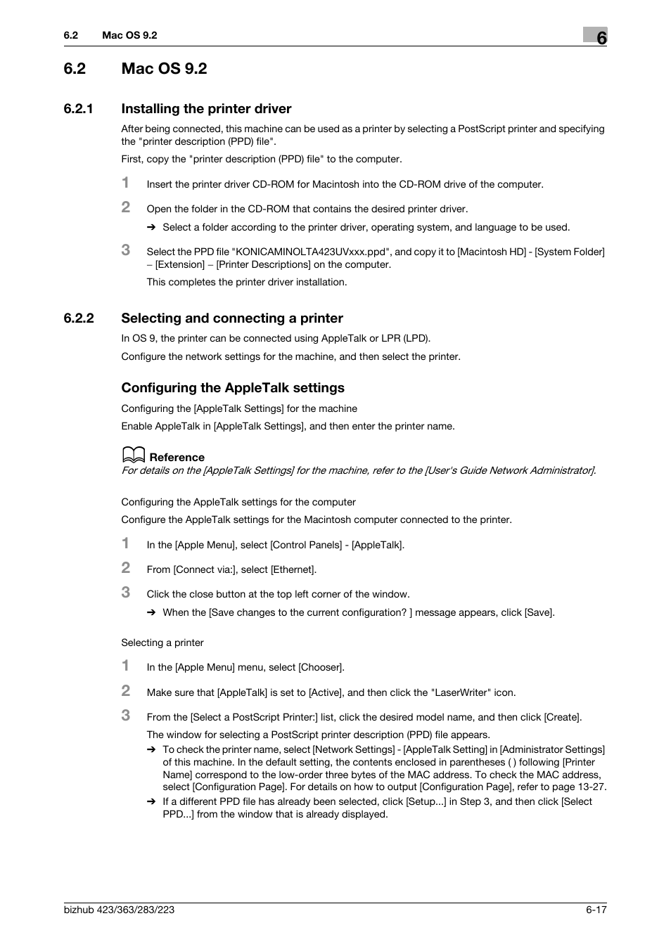 2 mac os 9.2, 1 installing the printer driver, 2 selecting and connecting a printer | Configuring the appletalk settings, Mac os 9.2 -17, Installing the printer driver -17 | Konica Minolta BIZHUB 223 User Manual | Page 82 / 294