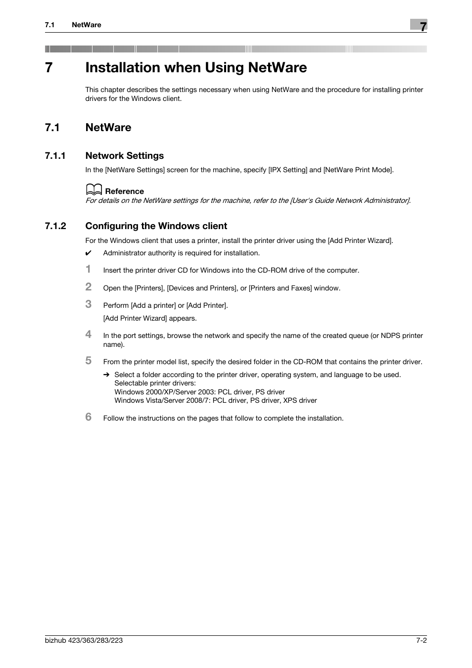 7 installation when using netware, 1 netware, 1 network settings | 2 configuring the windows client, Installation when using netware, Netware -2, Network settings -2, Configuring the windows client -2, 7installation when using netware | Konica Minolta BIZHUB 223 User Manual | Page 86 / 294