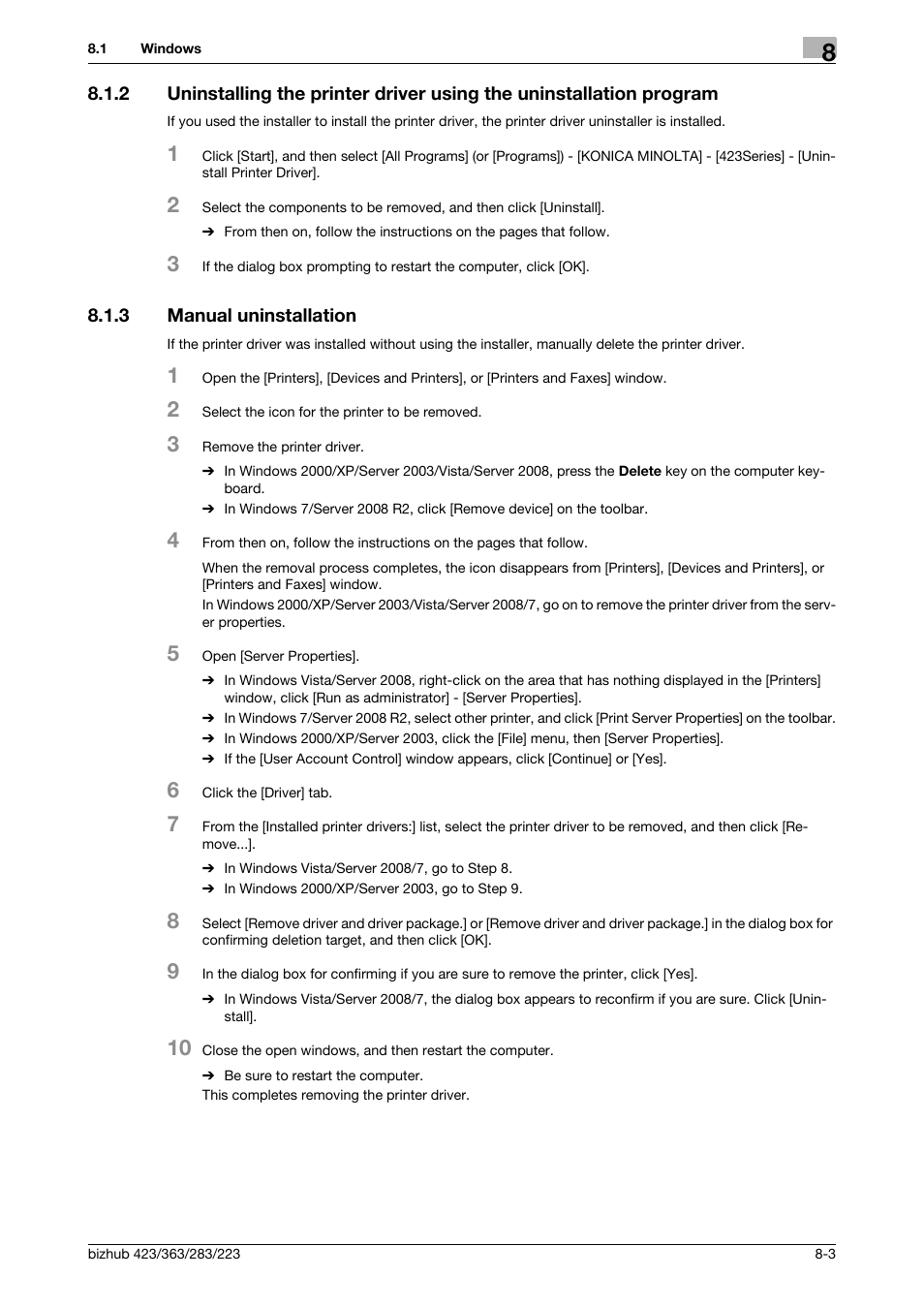 3 manual uninstallation, Manual uninstallation -3 | Konica Minolta BIZHUB 223 User Manual | Page 89 / 294