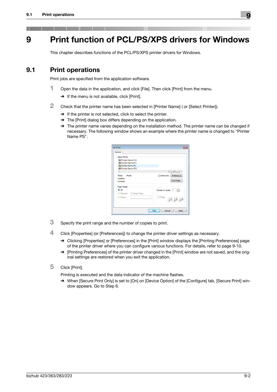 9 print function of pcl/ps/xps drivers for windows, 1 print operations, Print function of pcl/ps/xps drivers for windows | Print operations -2, 9print function of pcl/ps/xps drivers for windows | Konica Minolta BIZHUB 223 User Manual | Page 93 / 294