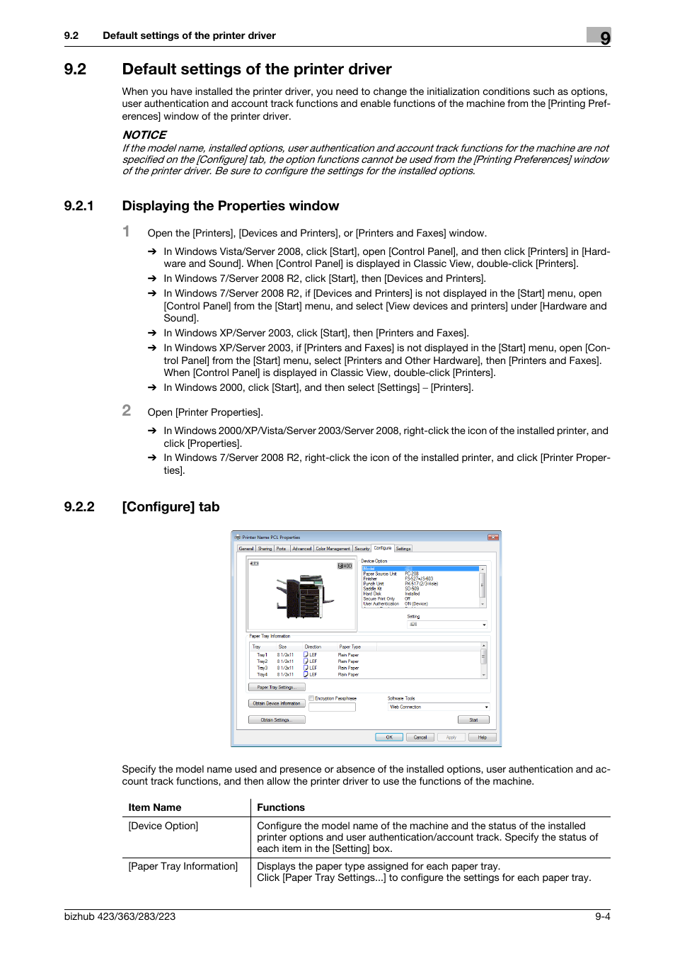 2 default settings of the printer driver, 1 displaying the properties window, 2 [configure] tab | Default settings of the printer driver -4, Displaying the properties window -4, Configure] tab -4 | Konica Minolta BIZHUB 223 User Manual | Page 95 / 294