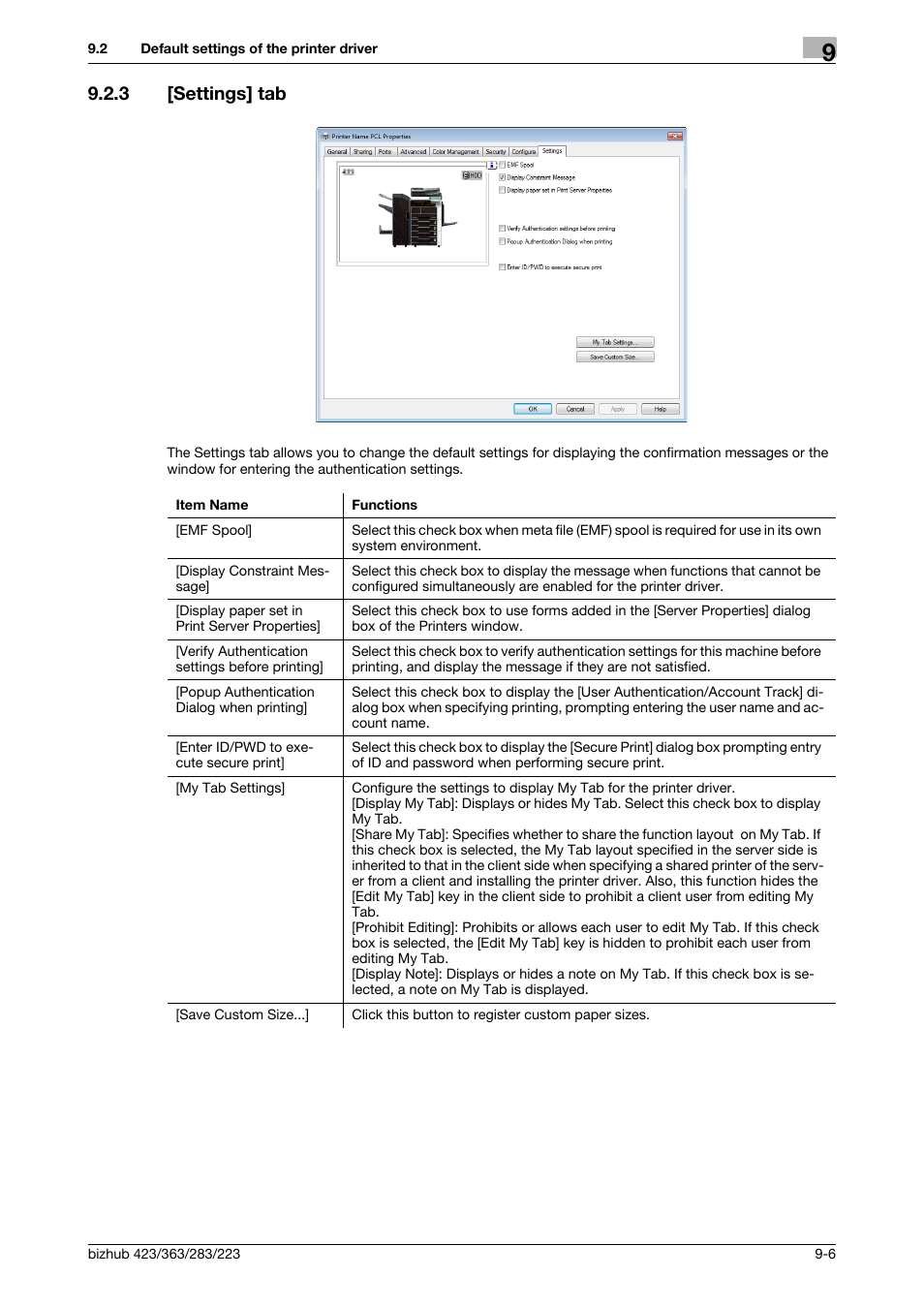 3 [settings] tab, Settings] tab -6 | Konica Minolta BIZHUB 223 User Manual | Page 97 / 294