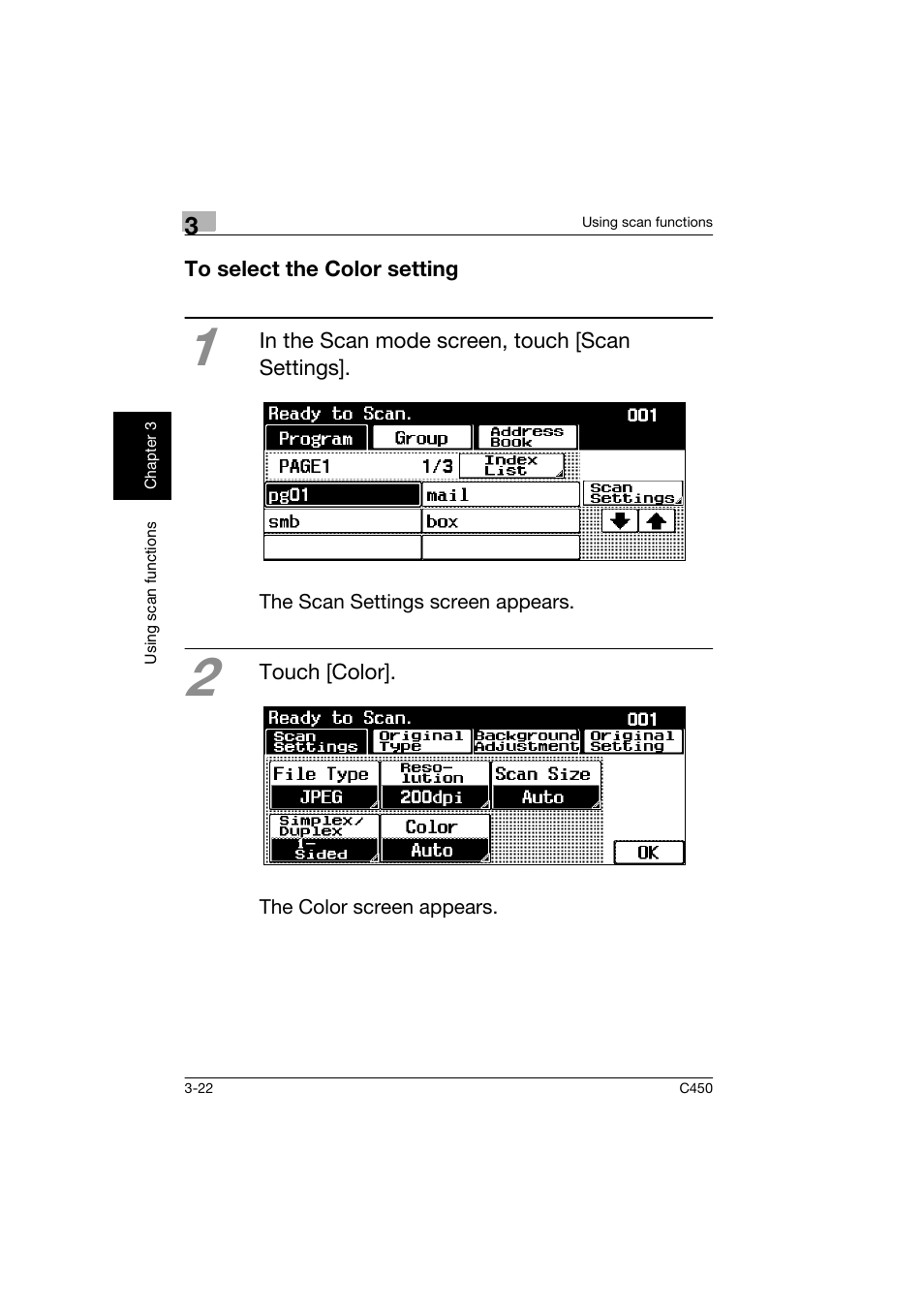 To select the color setting, To select the color setting -22 | Konica Minolta BIZHUB C450 User Manual | Page 105 / 158