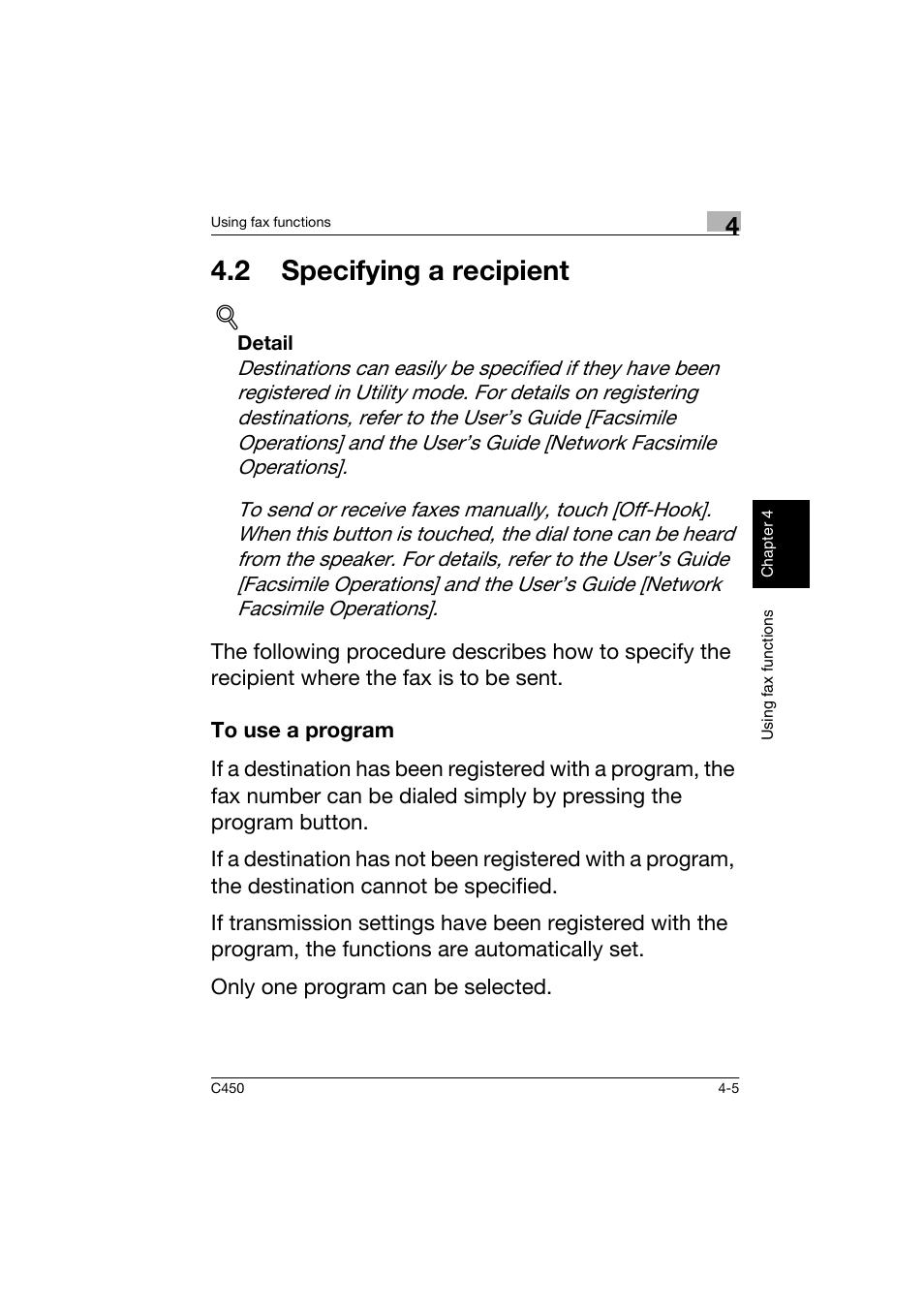 2 specifying a recipient, To use a program, 2 specifying a recipient -5 | To use a program -5 | Konica Minolta BIZHUB C450 User Manual | Page 120 / 158